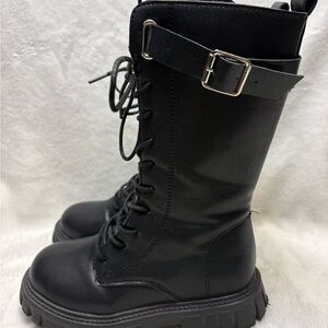 Black Lace-Up Combat Boots with Buckle Detail Sz 33